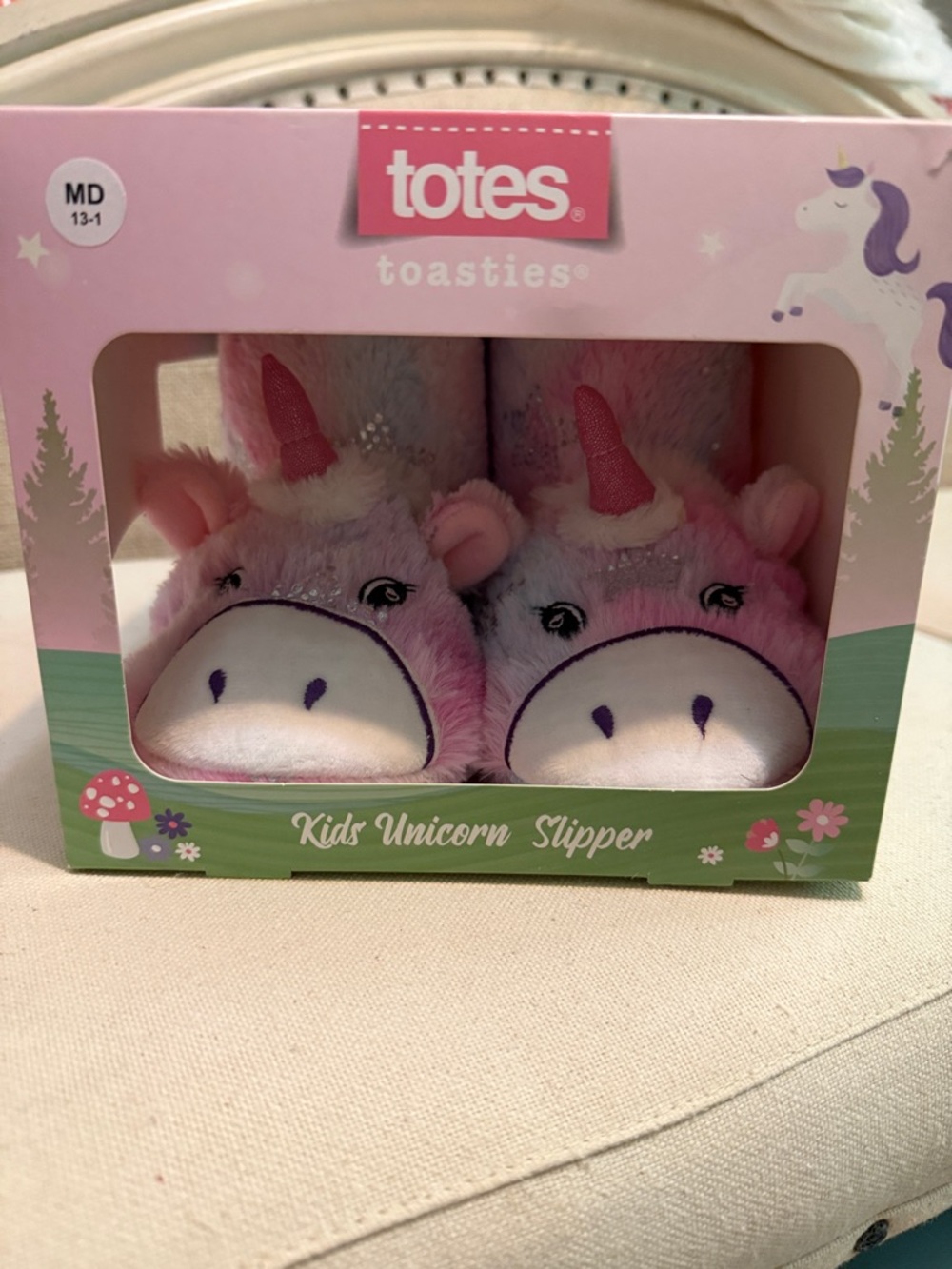 NIB totes Pink Unicorn Kids Slippers - Plush Toasties sz MD 13-1 ADORABLE!